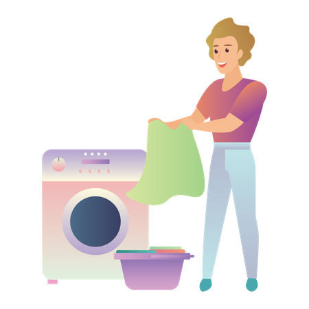 Hombre sacando ropa de la lavadora  Ilustración
