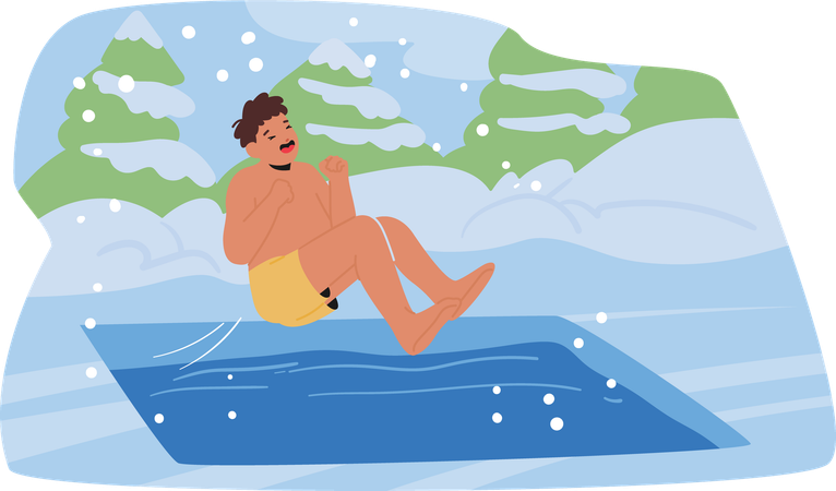 Hombre saltando en aguas heladas durante el invierno con paisaje nevado  Illustration