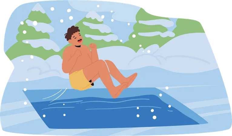 Hombre saltando en aguas heladas durante el invierno con paisaje nevado  Illustration