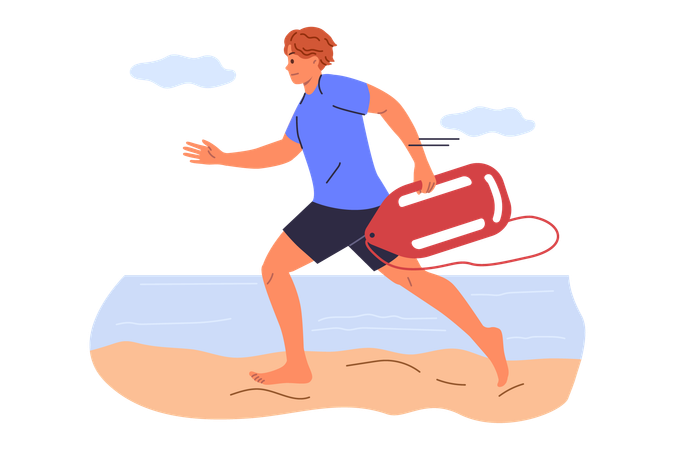 Un salvavidas corre por la playa para salvar la vida de un hombre que necesita ayuda y se está ahogando en el mar  Ilustración