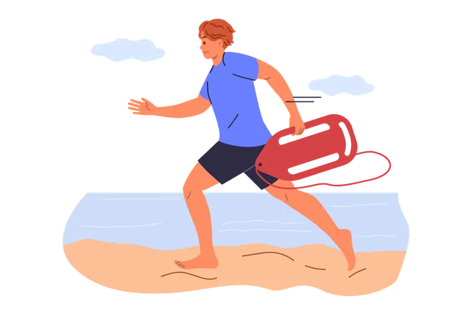 Un salvavidas corre por la playa para salvar la vida de un hombre que necesita ayuda y se está ahogando en el mar  Ilustración