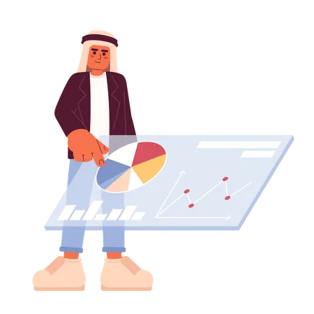 Hombre saudí mostrando un panel de análisis de marketing  Ilustración