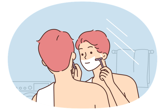 Un hombre se afeita la cara de pie en el baño y mirándose en el espejo haciendo su rutina diaria de higiene matutina.  Ilustración