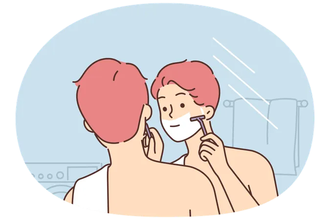 Un hombre se afeita la cara de pie en el baño y mirándose en el espejo haciendo su rutina diaria de higiene matutina.  Ilustración