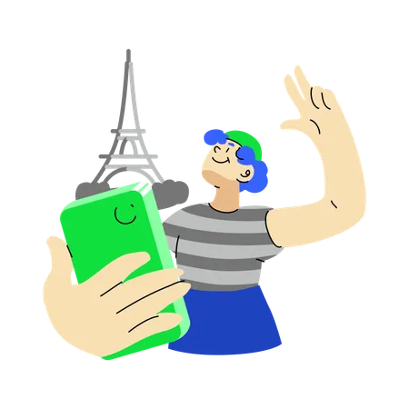 Hombre se toma selfies con la Torre Eiffel  Ilustración