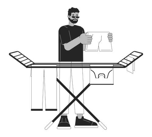 Hombre secando ropa al aire libre en rack  Ilustración