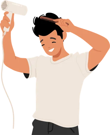 Hombre secándose el cabello con secador de pelo  Ilustración