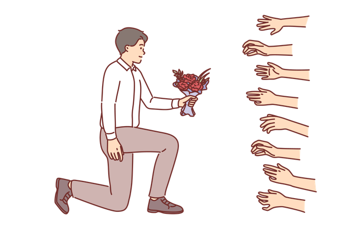 El hombre seductor con ramo de flores es popular entre las mujeres que quieren salir con Lavalas.  Ilustración