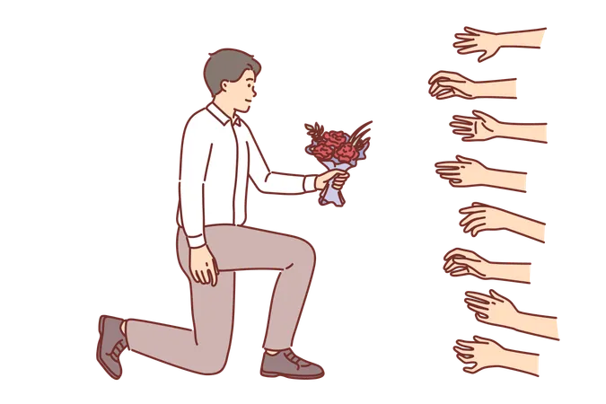 El hombre seductor con ramo de flores es popular entre las mujeres que quieren salir con Lavalas.  Ilustración