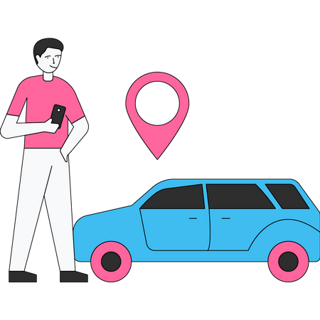 Hombre rastreando la ubicación del taxi a través de una aplicación  Ilustración