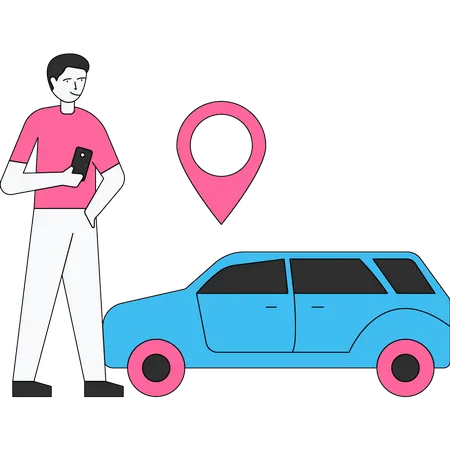 Hombre rastreando la ubicación del taxi a través de una aplicación  Ilustración