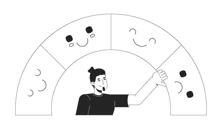 Hombre eligiendo emociones del espectro mientras realiza un seguimiento del estado de ánimo  Ilustración