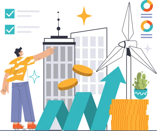 Hombre señalando el crecimiento de las energías renovables  Ilustración