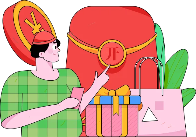 Hombre señalando bolsa de compras  Ilustración