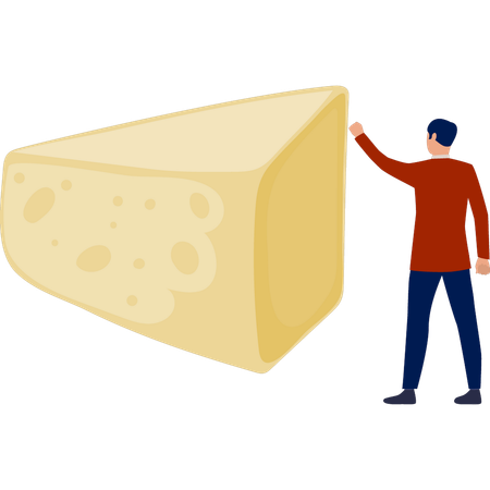 Hombre señalando un cubo de queso amarillo  Ilustración