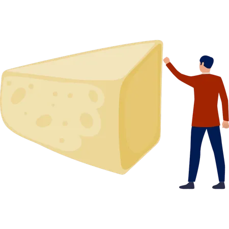 Hombre señalando un cubo de queso amarillo  Ilustración