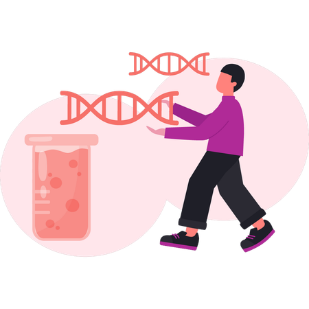 Hombre señalando la estructura del ADN  Ilustración