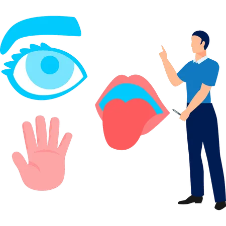 Hombre señalando el sentido del ojo humano  Ilustración