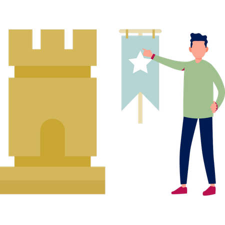 Hombre señalando un castillo de arena  Ilustración