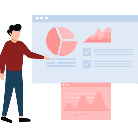 Hombre apuntando al gráfico circular de negocios en la página Web  Illustration