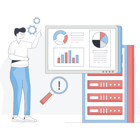 Hombre señalando una pantalla que muestra varios gráficos y visualizaciones de datos en un entorno profesional  Ilustración