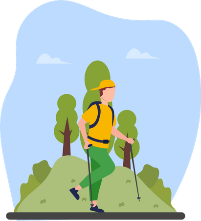 Hombre caminando en la montaña  Ilustración