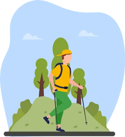 Hombre caminando en la montaña  Ilustración