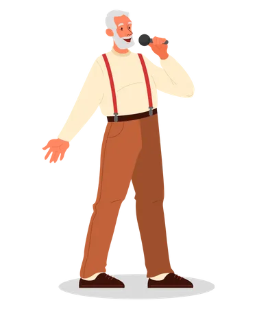 Hombre mayor cantando karaoke  Ilustración