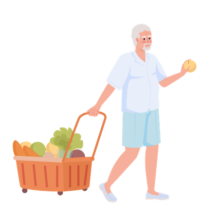 Hombre mayor con carrito de compras  Ilustración