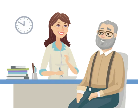 Hombre mayor hablando con un médico  Ilustración