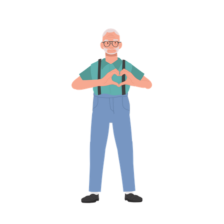 Hombre mayor haciendo signo de mano gesto de corazón  Ilustración