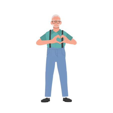 Hombre mayor haciendo signo de mano gesto de corazón  Ilustración
