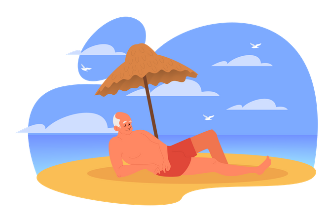 Hombre mayor pasando tiempo en la playa  Ilustración