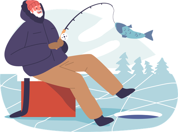 Hombre mayor, abrigado contra el frío y sentado pacientemente en un lago congelado  Ilustración