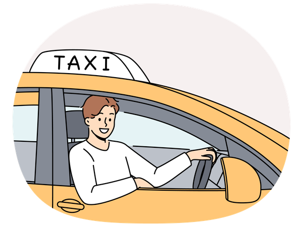 Un hombre se sienta al volante de un taxi y mira por la ventana para hacer carrera como conductor de transporte público.  Ilustración