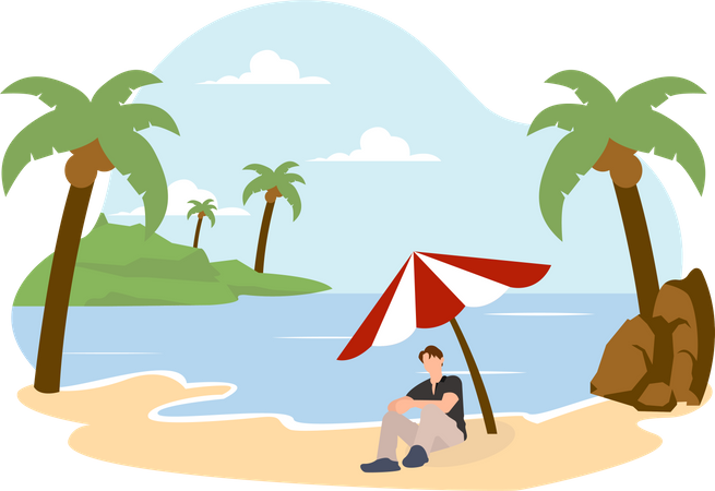 Hombre sentado bajo una sombrilla en la playa  Ilustración