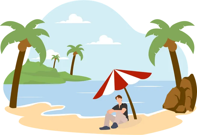 Hombre sentado bajo una sombrilla en la playa  Ilustración