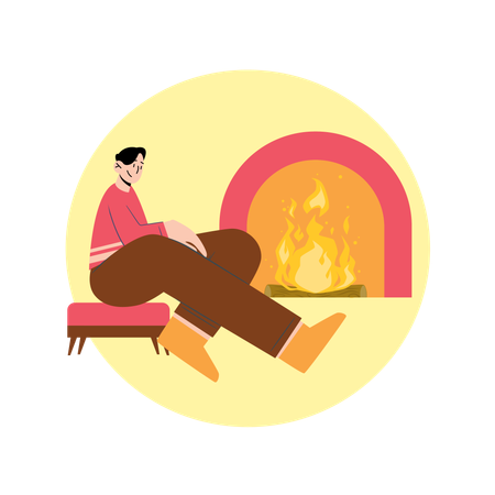 Hombre sentado cerca de la chimenea  Ilustración