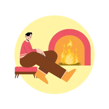 Hombre sentado cerca de la chimenea  Ilustración