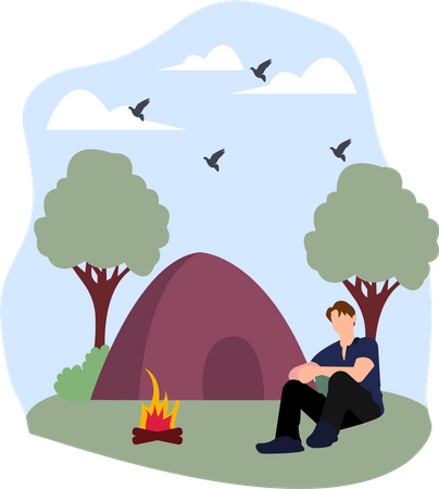 Hombre sentado cerca de una fogata  Ilustración