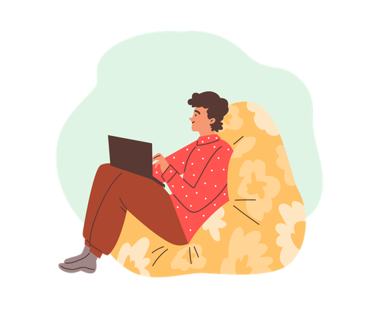 Hombre sentado cómodamente en una silla detrás de su computadora portátil  Ilustración