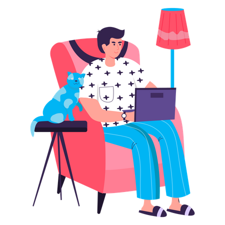 Hombre sentado, con, computador portatil, en, silla  Ilustración