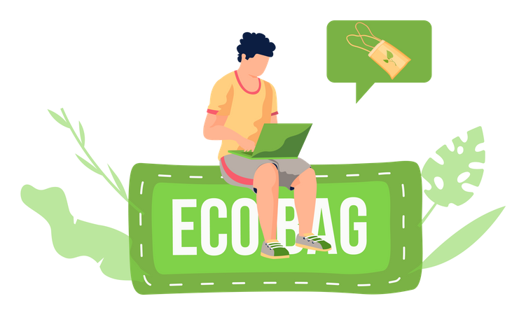 Un hombre se sienta con una computadora portátil y envía una foto de bolsas de compras ecológicas por correo electrónico  Ilustración