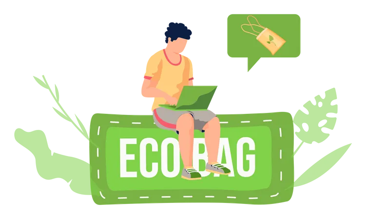 Un hombre se sienta con una computadora portátil y envía una foto de bolsas de compras ecológicas por correo electrónico  Ilustración