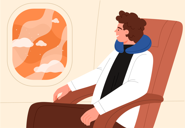 Hombre sentado en el avión en el asiento de la ventana  Ilustración