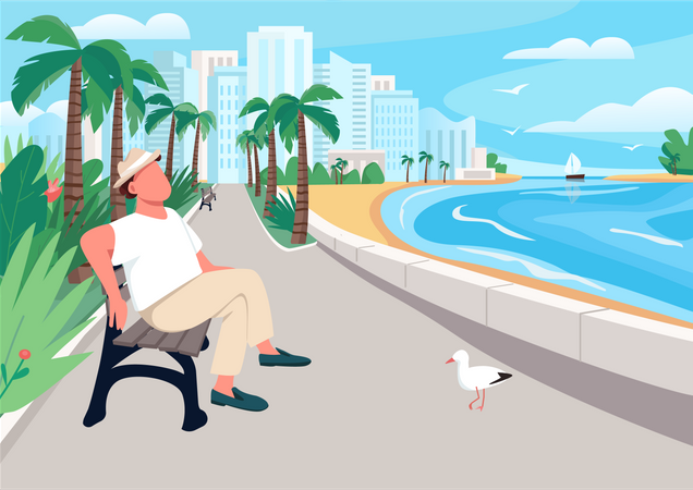 Hombre sentado en un banco de la calle frente al mar  Ilustración