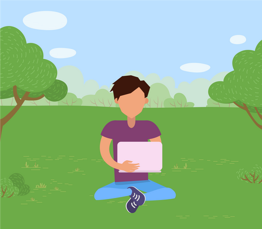 Hombre sentado en el césped en el parque con ordenador portátil  Ilustración
