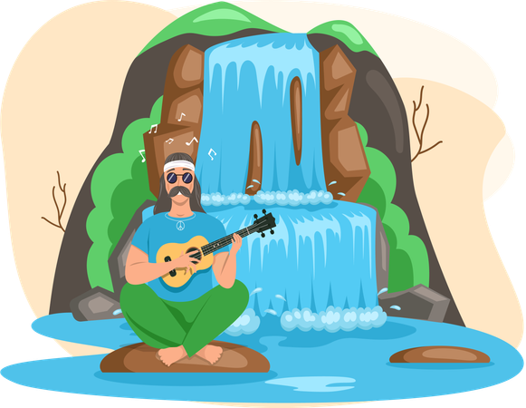 Hombre sentado en el lago junto a una roca y una cascada  Ilustración