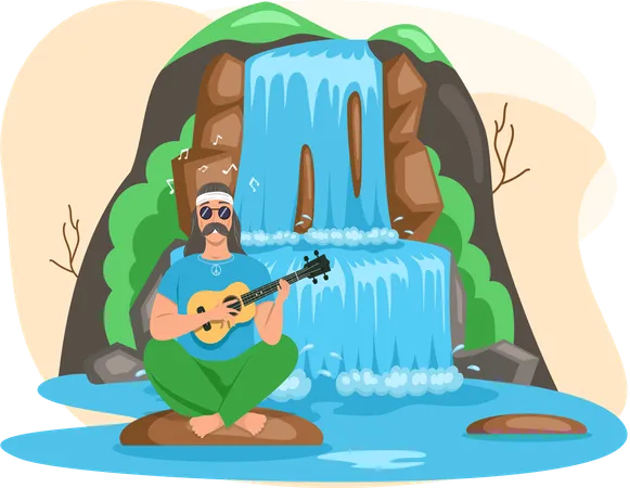 Hombre sentado en el lago junto a una roca y una cascada  Ilustración