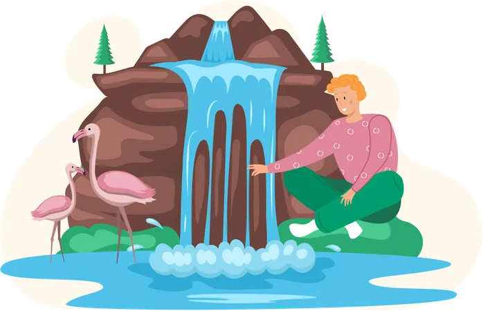 Hombre sentado en el lago junto a una roca y una cascada  Ilustración